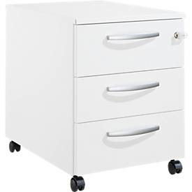 Schäfer Shop Pure Rollcontainer 333, Stahlkorpus, 3 Schubladen, runde Metallgriffe, abschließbar, B 434 x T 600 x H 570 mm, weiß