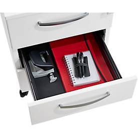 Schäfer Shop Pure Rollcontainer 333, Stahlkorpus, 3 Schubladen, runde Metallgriffe, abschließbar, B 434 x T 600 x H 570 mm, weiß