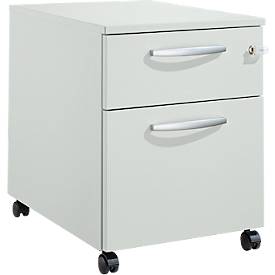 Schäfer Shop Pure Rollcontainer 36, Stahlkorpus, 2 Schubladen, extra hohes Stauraumfach, runde Metallgriffe, abschließbar, lichtgrau