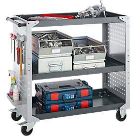 Schäfer Shop Pure Rollwagen AST31, 3 Etagen, 2 Lochplatten, bis 240 kg, Schiebegriff, Stahl und Aluminium, weißaluminium/anthrazitgrau