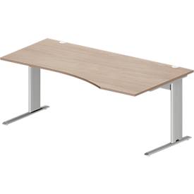 Schäfer Shop Pure Schreibtisch PLANOVA BASIC, Freiform, Ansatz links, C-Fuß, B 1800 x T 1000/800 x H 717 mm, Eiche/weißalu + Kabelkanal