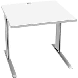 Schäfer Shop Pure Schreibtisch PLANOVA BASIC, Quadrat, C-Fuß, B 800 x T 800 x H 717 mm, weiß/weißaluminium + Kabelkanal