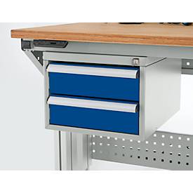 Schäfer Shop Pure Schubladenblock 411, für Arbeitstische AST31, links/rechts montierbar, 2 Schübe, abschließbar, bis 50 kg, Stahl, lichtgrau/enzianblau
