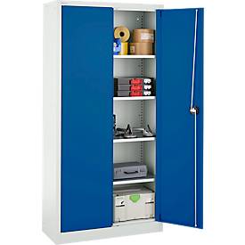 Schäfer Shop Pure Stahlschrank, abschließbar, 4 verzinkte Böden, B 950 x T 400 x H 1935 mm, lichtgrau RAL 7035/enzianblau RAL 5010