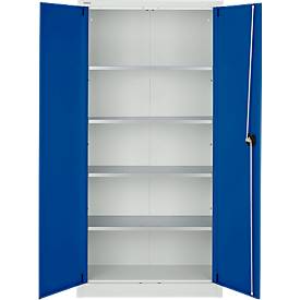 Schäfer Shop Pure Stahlschrank, abschließbar, 4 verzinkte Böden, B 950 x T 400 x H 1935 mm, lichtgrau RAL 7035/enzianblau RAL 5010