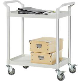 Schäfer Shop Pure Tischwagen, 2 Etagen, bis 200 kg, 2 Schiebebügel, Lenkrollen, Aluminium & Kunststoff, L 850 x B 480 x H 950 mm, Etagen lichtgrau