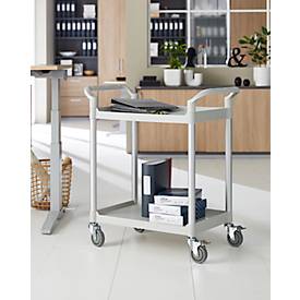 Schäfer Shop Pure Tischwagen, 2 Etagen, bis 200 kg, 2 Schiebebügel, Lenkrollen, Aluminium & Kunststoff, L 850 x B 480 x H 950 mm, Etagen lichtgrau