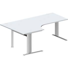 Schäfer Shop Pure Winkelschreibtisch PLANOVA BASIC, 90° Winkel links, C-Fuß, B 2000 x T 1200/800 x H 717 mm, lichtgrau/weißalu + Kabelkanal