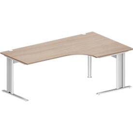 Schäfer Shop Pure Winkelschreibtisch PLANOVA BASIC, 90° Winkel rechts, C-Fuß, B 2000 x T 1200/800 x H 717 mm, Eiche/weiß + Kabelkanal