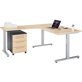 Schäfer Shop Select 3-tlg. Büromöbelset Schreibtisch Start Off, Rechteck, T-Fuß, B 1800 x T 800 x H 735 mm, Ahorn/graphit