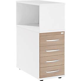 Schäfer Shop Select Anstellcontainer LOGIN, mit Aufsatzregal, 4 Schübe, B 409 x T 800 x H 1120 mm, Holz, abschließbar, weiß/Eiche