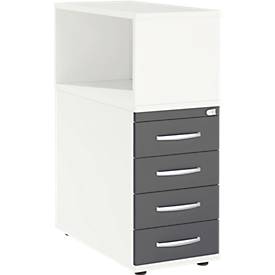 Schäfer Shop Select Anstellcontainer LOGIN, mit Aufsatzregal, 4 Schübe, B 409 x T 800 x H 1120 mm, Holz, abschließbar, weiß/graphit