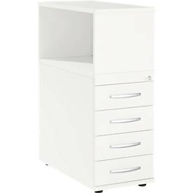 Schäfer Shop Select Anstellcontainer LOGIN, mit Aufsatzregal, 4 Schübe, B 409 x T 800 x H 1120 mm, Holz, abschließbar, weiß/weiß