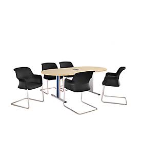 Schäfer Shop Select Besprechungstisch Planova Basic, mit Tischanschlussfeld, Oval, T-Fuß, B 2000 x T 1000 x H 717 mm, Ahorn/weißaluminium RAL 9006