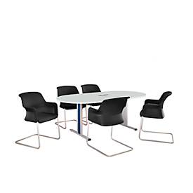 Schäfer Shop Select Besprechungstisch Planova Basic, mit Tischanschlussfeld, Oval, T-Fuß, B 2000 x T 1000 x H 717 mm, lichtgrau/weißaluminium RAL 9006