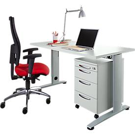 Schäfer Shop Select Büromöbelset 2-tlg. LOGIN C-Fuß Schreibtisch, B 1600 mm + Rollcontainer, 3 Schübe, Utensilienauszug, Zentralverschluss, lichtgrau