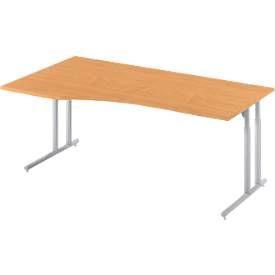 Schäfer Shop Select Bureau COMBITEC, forme libre, approche à gauche, pied en C, L 1800 x P 1000/800 x H 677-817 mm, hêtre/aluminium blanc