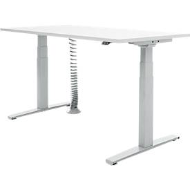 Schäfer Shop Select Bureau, réglage électrique de la hauteur, L 1600 x P 800 x H 645-1290 mm, piètement en T, gris clair/aluminium blanc + câble à spirale