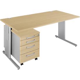 Schäfer Shop Select Ensemble de meubles de bureau 2 pièces COMBITEC, bureau, L 1600 mm, érable/blanc alu + caisson à roulettes 1233