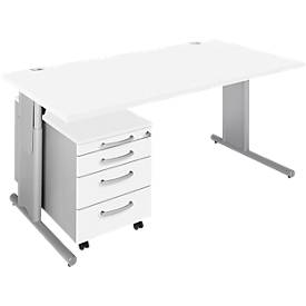 Schäfer Shop Select Ensemble de mobilier de bureau COMBITEC en 2 parties, bureau, L 1600 mm, blanc/alu blanc + caisson à roulettes 1233