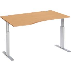 Schäfer Shop Select ERGO-T escritorio, regulable eléctricamente en altura, forma libre, fijación a la izquierda, pata en T, An 1800 x Al 725-1185 mm, decoración haya/aluminio blanco