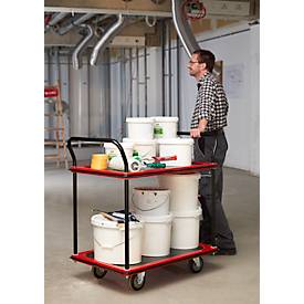 Schäfer Shop Select Etagenwagen 120L, 2 Etagen, Stahl pulverbeschichtet, PUR-Räder, B 485 x T 710/775 x H 1000 mm, bis 220 kg, schwarz/rot