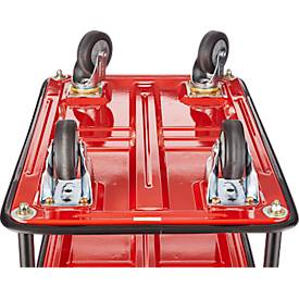 Schäfer Shop Select Etagenwagen 130L, 3 Etagen, Stahl pulverbeschichtet, PUR-Räder, B 485 x T 710/775 x H 1000 mm, bis 220 kg, schwarz/rot