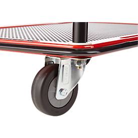 Schäfer Shop Select Etagenwagen 130L, 3 Etagen, Stahl pulverbeschichtet, PUR-Räder, B 485 x T 710/775 x H 1000 mm, bis 220 kg, schwarz/rot