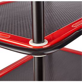 Schäfer Shop Select Etagenwagen 130L, 3 Etagen, Stahl pulverbeschichtet, PUR-Räder, B 485 x T 710/775 x H 1000 mm, bis 220 kg, schwarz/rot