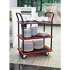 Schäfer Shop Select Etagenwagen 130L, 3 Etagen, Stahl pulverbeschichtet, PUR-Räder, B 485 x T 710/775 x H 1000 mm, bis 220 kg, schwarz/rot