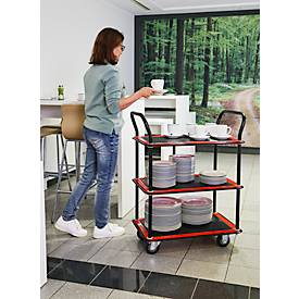 Schäfer Shop Select Etagenwagen 130L, 3 Etagen, Stahl pulverbeschichtet, PUR-Räder, B 485 x T 710/775 x H 1000 mm, bis 220 kg, schwarz/rot