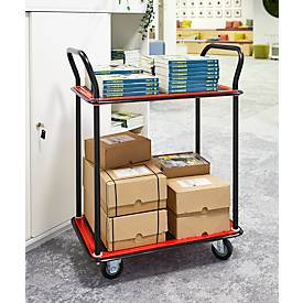 Schäfer Shop Select Etagenwagen 220DB, 2 Etagen, Stahl pulverbeschichtet, PUR-Räder, B 615 x T 880/965 x H 1000 mm, bis 370 kg, schwarz/rot