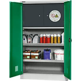 Schäfer Shop Select Gefahrstoffschrank, B 950 x T 500 x H 1585 mm, 2 Wannen inkl. WHG‑Wanne 11 Liter, Sicherheitsfach Typ 30, lichtgrau/türkisgrün