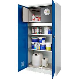 Schäfer Shop Select Gefahrstoffschrank, B 950 x T 500 x H 1935 mm, 2 Böden, 1 Wanne, Sicherheitsfach Typ 30, lichtgrau/enzianblau