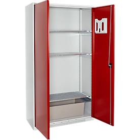 Schäfer Shop Select Gefahrstoffschrank, für Öl etc., 2 x 60 l Fässer und 8 x 20 l Kanister, Außenmaße B 1055 x T 520 x H 1950 mm, lichtgrau/rubinrot