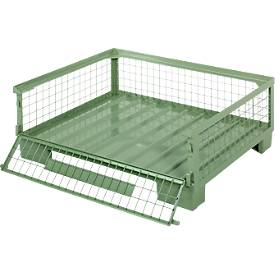 Schäfer Shop Select Gitterboxpalette, mit klappbarer Wand, B 1240 x T 835 x H 420 mm, resedagrün RAL 6011, bis 1000 kg