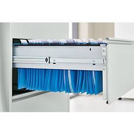 Schäfer Shop Select Hängeregisterschrank B 780 x T 580 x H 1350 mm, Stahlblech lichtgrau, 4 Schubfächer zweibahnig + 50 DIN A4 Hängemappen, blau