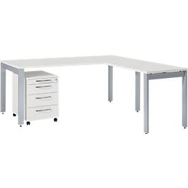 Schäfer Shop Select juego completo LOGIN, escritorio de 4 patas 1800 mm, mesa complementaria de 4 patas, pedestal móvil, gris claro