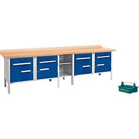 Schäfer Shop Select Kastenwerkbank PWi 300-0, Buche Multiplexplatte, bis 750 kg, B 3000 x T 700 x H 840 mm, weißalu/enzianblau + gratis Tragekasten Carry