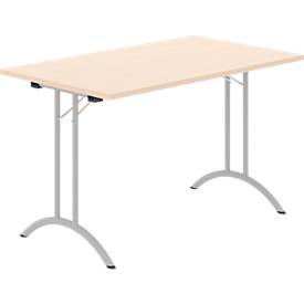 Schäfer Shop Select Klapptisch, Rechteck, Doppel-T-Fußgestell, Spezial-Klappbeschlag & Bodenausgleich, B 1200 x T 700 x H 720 mm, Ahorn-Dekor/alusilber