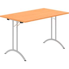 Schäfer Shop Select Klapptisch, Rechteck, Doppel-T-Fußgestell, Spezial-Klappbeschlag & Bodenausgleich, B 1200 x T 700 x H 720 mm, Buche-Dekor/alusilber