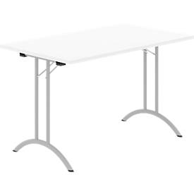Schäfer Shop Select Klapptisch, Rechteck, Doppel-T-Fußgestell, Spezial-Klappbeschlag & Bodenausgleich, B 1200 x T 700 x H 720 mm, weiß/alusilber