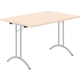 Schäfer Shop Select Klapptisch, Rechteck, Doppel-T-Fußgestell, Spezial-Klappbeschlag & Bodenausgleich, B 1200 x T 800 x H 720 mm, Ahorn-Dekor/alusilber