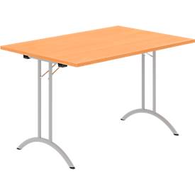 Schäfer Shop Select Klapptisch, Rechteck, Doppel-T-Fußgestell, Spezial-Klappbeschlag & Bodenausgleich, B 1200 x T 800 x H 720 mm, Buche-Dekor/alusilber