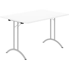 Schäfer Shop Select Klapptisch, Rechteck, Doppel-T-Fußgestell, Spezial-Klappbeschlag & Bodenausgleich, B 1200 x T 800 x H 720 mm, weiß/alusilber