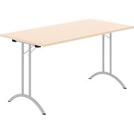 Schäfer Shop Select Klapptisch, Rechteck, Doppel-T-Fußgestell, Spezial-Klappbeschlag & Bodenausgleich, B 1400 x T 700 x H 720 mm, Ahorn-Dekor/alusilber