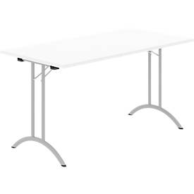 Schäfer Shop Select Klapptisch, Rechteck, Doppel-T-Fußgestell, Spezial-Klappbeschlag & Bodenausgleich, B 1400 x T 700 x H 720 mm, weiß/alusilber