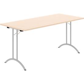 Schäfer Shop Select Klapptisch, Rechteck, Doppel-T-Fußgestell, Spezial-Klappbeschlag & Bodenausgleich, B 1600 x T 700 x H 720 mm, Ahorn-Dekor/alusilber