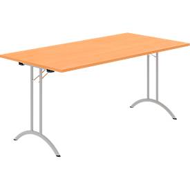 Schäfer Shop Select Klapptisch, Rechteck, Doppel-T-Fußgestell, Spezial-Klappbeschlag & Bodenausgleich, B 1600 x T 800 x H 720 mm, Buche-Dekor/alusilber