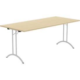 Schäfer Shop Select Klapptisch, Rechteck, Doppel-T-Fußgestell, Spezial-Klappbeschlag & Bodenausgleich, B 1800 x T 800 x H 720 mm, Ahorn-Dekor/alusilber
